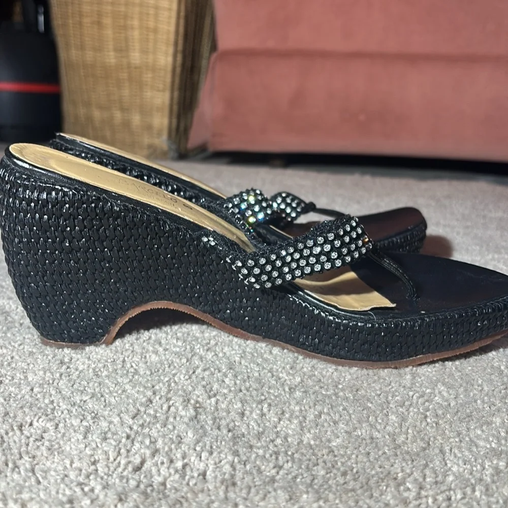 Paloma Barcelo wicker thong wedge sandals black rhinestone designer sandal 8